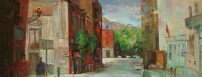 沈哲哉的繪畫思維與作品特色之研究-馬德里街景45.5cm116.5cm(25號變形)