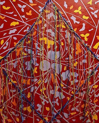 吳淑幸，《繩線引力》系列之七，萬花筒，複合媒材，壓克力彩畫布，毛線，紗線等，116.5 x 91.5 cm，2021，吳淑幸攝影