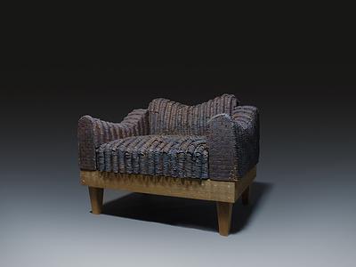 傳統建築元素運用於現代陶藝創作之研究-no3-1沙發2016 尺寸：72x52x65cm 陶 木材