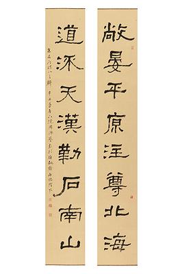 〈行書素壁虛窗七言聯〉、尺寸：137×34cm×2、創作年代：2019
