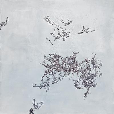 （輪迴在慾望跟不滿足的世界裡II）張家豪，2012，補土、壓克力、原子筆，100x100cm