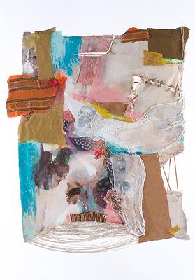 〈皮層的印記 Ⅱ〉，2017，皮革、織物、頭髮縫製、貝殼、樹枝、蠟、紗布、棉布、畫布、壓克力顏料、油彩、蠟筆，107 cm × 90 cm的封面圖