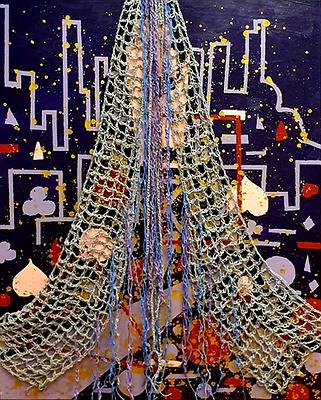 吳淑幸，《繩線引力》系列之六，拉斯維加斯之夜，複合媒材，壓克力彩畫布，毛線，紗線，116.5 x 91.5 cm，2021，吳淑幸攝影