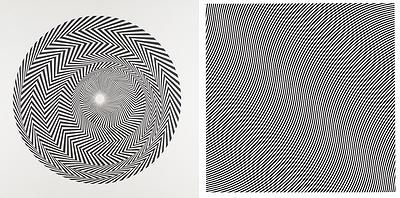 (左圖)布里奇特‧路易絲‧萊利，火焰一號，硬板，109 x 109cm，1962，私人收藏，長期借給蘇格蘭國家美術館。(右圖)布里奇特‧路易絲‧萊利，結束，101 x 101cm，1966，蘇格蘭國家美術館