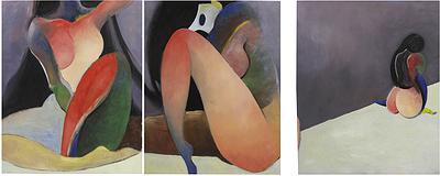 多線創作的首拍：陳昱廷創作研究 〈她〉，油畫，各65x53cm(共三幅)，2015。