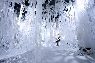 〈流變空間〉，2022，樹酯、漁網、照片、木馬、魚（模型）、黑鳶蛋（模型）LED燈、Antari ICE-101，依場域而定。-2