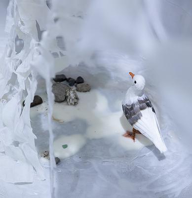 〈流變空間〉，2022，樹酯、海邊的保麗龍、玻璃碎片、石頭、繪製後模型海鷗、痱子粉、Antari ICE-101，依場域而定，作品局部