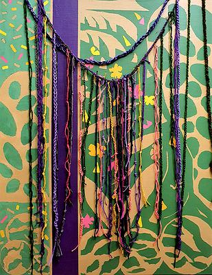 吳淑幸，《繩線引力》系列之四，藍色夏威夷，複合媒材，壓克力彩畫布，毛線，紗線等，116.5 x 91.5 cm，2021吳淑幸攝影