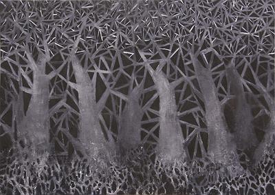 多線創作的首拍：陳昱廷創作研究 42 陳昱廷，〈森森森森森森〉，壓克力、炭筆、畫布，65x91cm，2016。