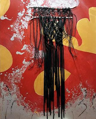 吳淑幸《繩線引力》系列之九，紅與黑，116.5x91.5cm，2019，吳淑幸攝影