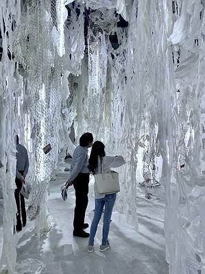〈流變空間〉，2022，樹酯、漁網、照片、木馬、魚（模型）、黑鳶蛋（模型）LED燈、Antari ICE-101，依場域而定。-3