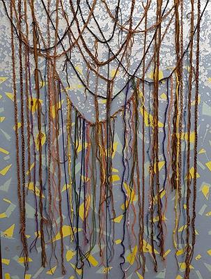 吳淑幸，《繩線引力》系列之五，銀色之都，複合媒材，壓克力彩畫布，毛線，紗線，116.5 x 91.5 cm，2021，吳淑幸攝