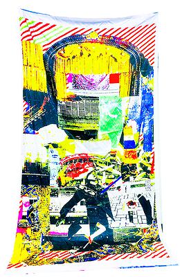 〈奮身跳躍的西裝男〉，2020，數位拼貼、掛布，150x200cm