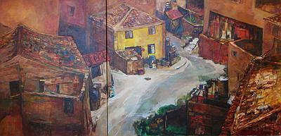 沈哲哉的繪畫思維與作品特色之研究-芹壁村記憶91.5公分189公分