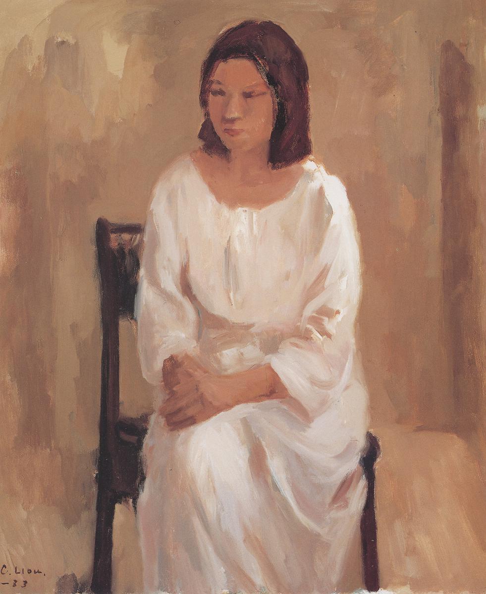 118 劉啟祥，〈白衣女郎〉，1983，油彩、畫布，73 x 60.5 cm，私人收藏。《台灣美術全集》的封面圖