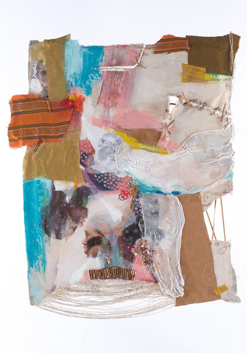 〈皮層的印記 Ⅱ〉，2017，皮革、織物、頭髮縫製、貝殼、樹枝、蠟、紗布、棉布、畫布、壓克力顏料、油彩、蠟筆，107 cm × 90 cm的封面圖