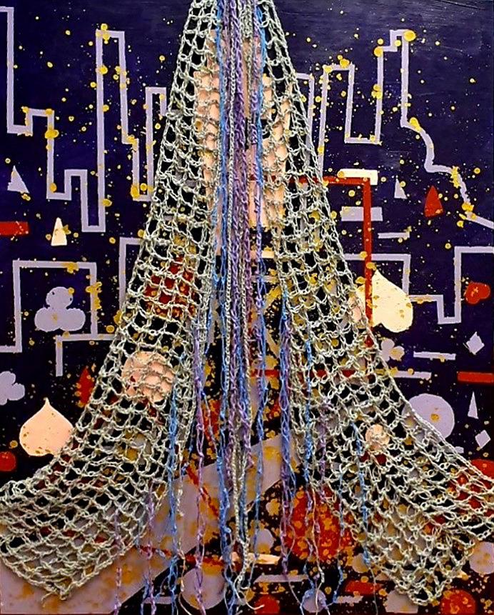吳淑幸，《繩線引力》系列之六，拉斯維加斯之夜，複合媒材，壓克力彩畫布，毛線，紗線，116.5 x 91.5 cm，2021，吳淑幸攝影的封面圖