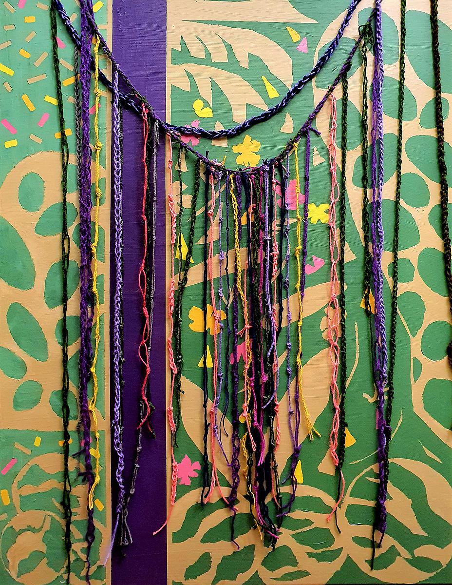 吳淑幸，《繩線引力》系列之四，藍色夏威夷，複合媒材，壓克力彩畫布，毛線，紗線等，116.5 x 91.5 cm，2021吳淑幸攝影的封面圖