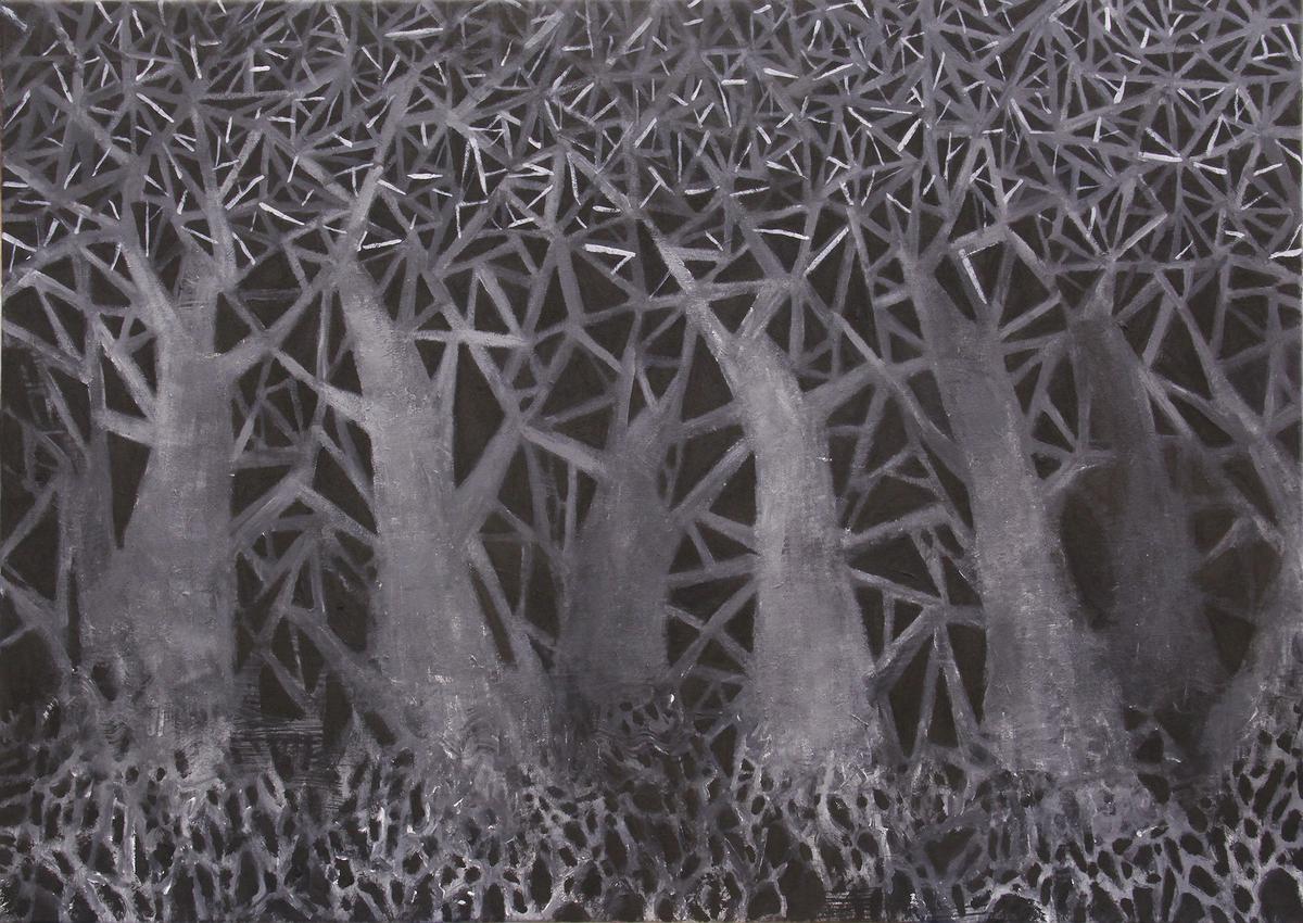 多線創作的首拍：陳昱廷創作研究 42 陳昱廷，〈森森森森森森〉，壓克力、炭筆、畫布，65x91cm，2016。的封面圖