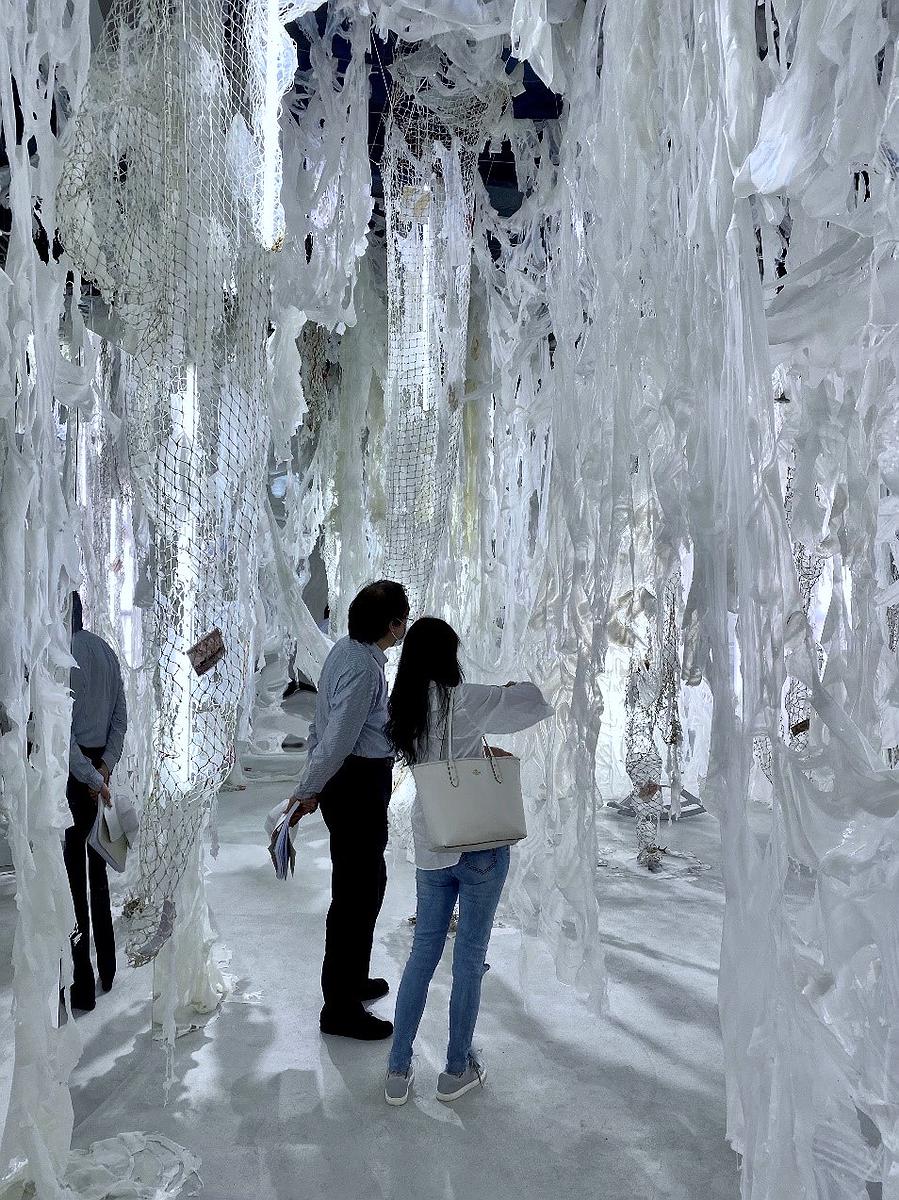 〈流變空間〉，2022，樹酯、漁網、照片、木馬、魚（模型）、黑鳶蛋（模型）LED燈、Antari ICE-101，依場域而定。-3的封面圖