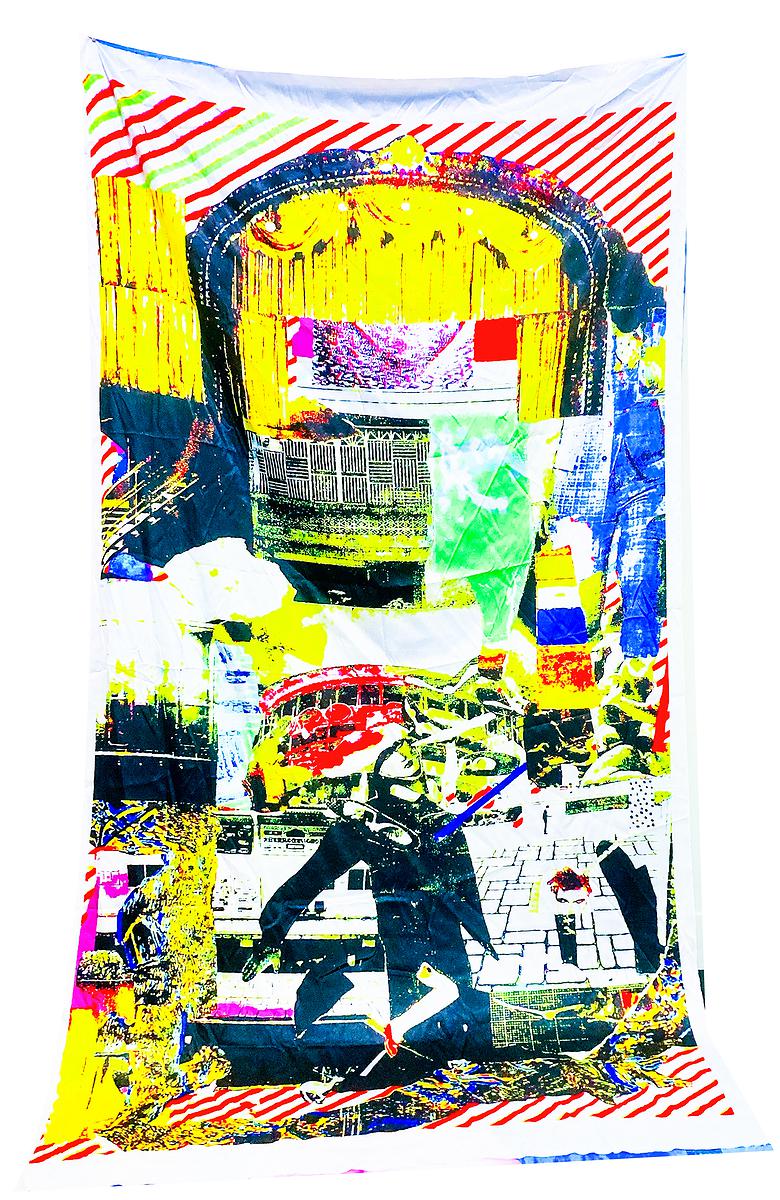 〈奮身跳躍的西裝男〉，2020，數位拼貼、掛布，150x200cm的封面圖