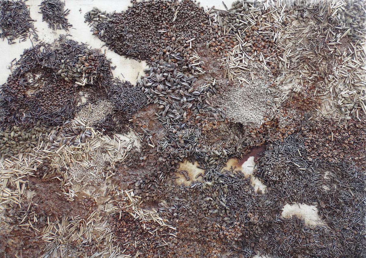 〈斑駁大地〉，2014，中藥材數種、無酸樹脂、瞬間膠、粗麻布，116×166×5的封面圖