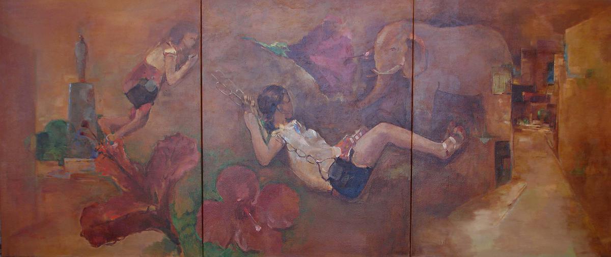 沈哲哉的繪畫思維與作品特色之研究-兒時記憶91.5公分217.5公分的封面圖