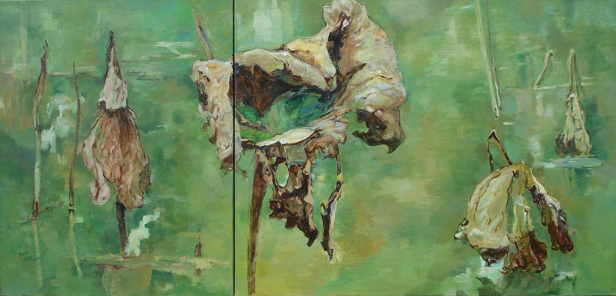 沈哲哉的繪畫思維與作品特色之研究-生命的延續(殘荷)91.5公分189公分的封面圖